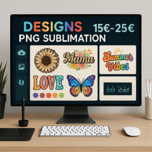 Sublimation PNG : Le Business Méconnu de 2025 qui Cartonne sur Etsy : Espace de travail design sublimation PNG avec prix en euros